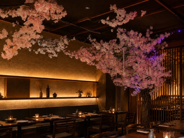 同じ店舗の桜の天景。造木の骨格はそのままに、季節ごとに花と彩りを更新